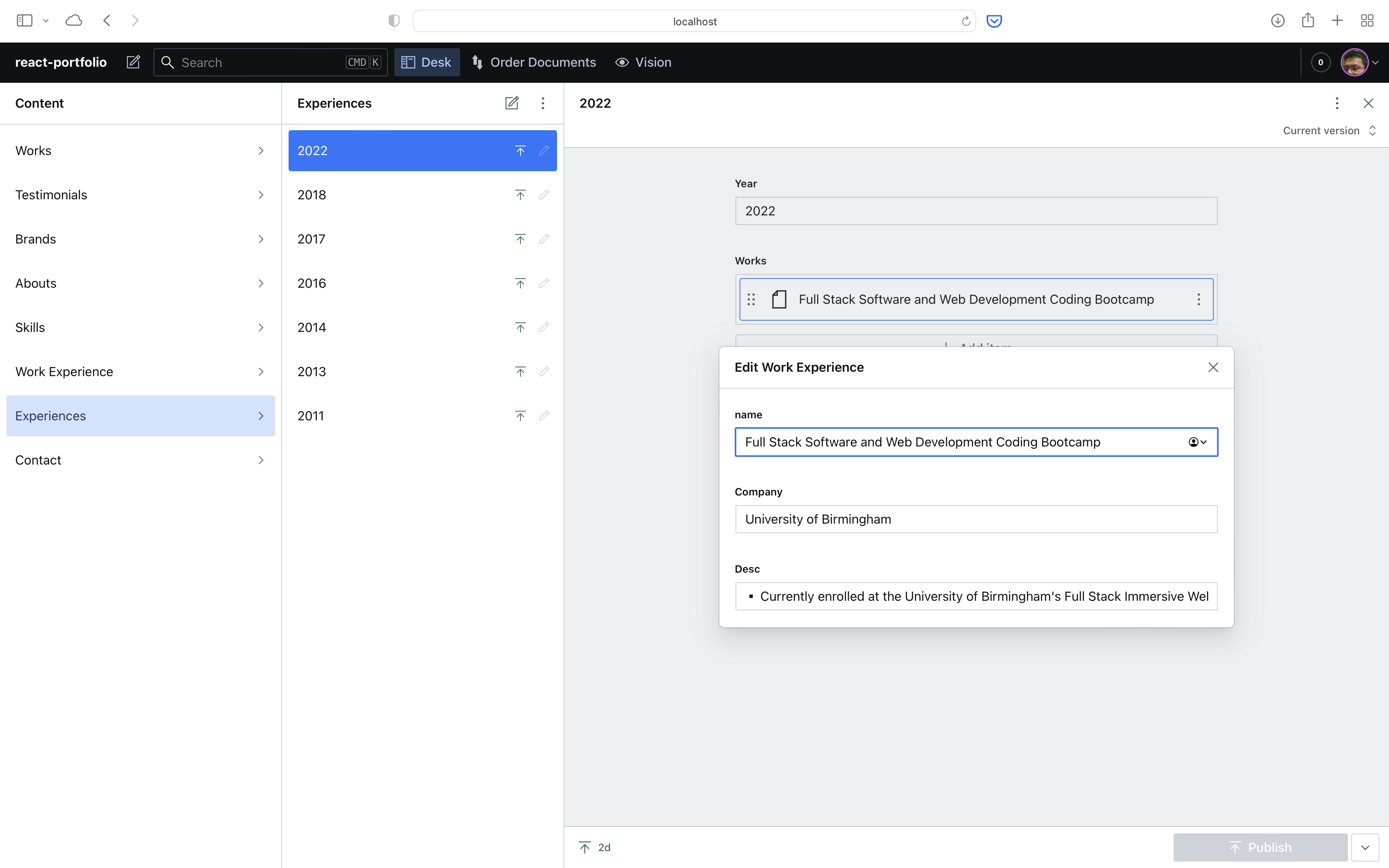 Sanity CMS - Add a new job to the Experiences section