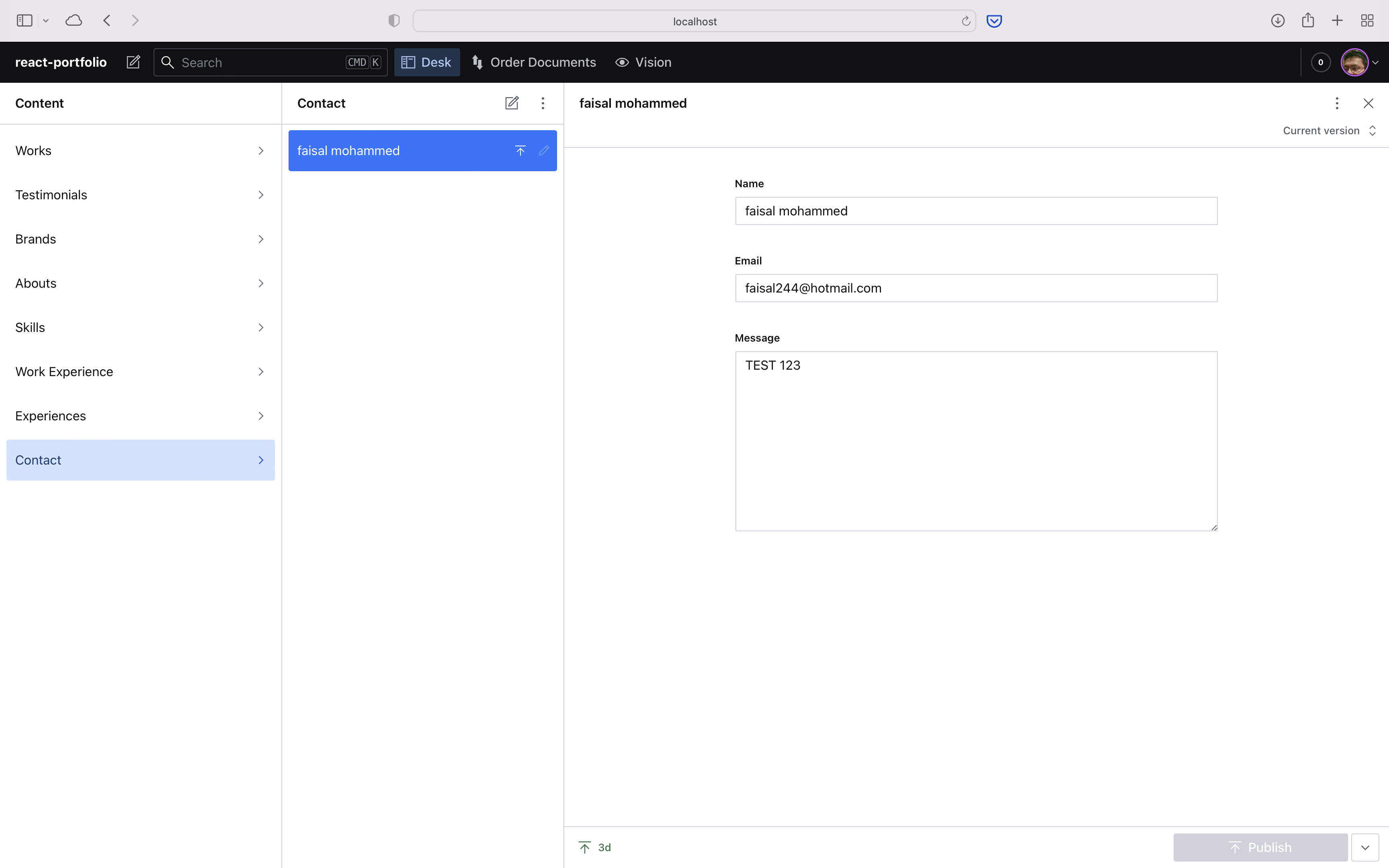 Sanity CMS - Screenshot of the email inbox that any submitted contact form enquiries go to